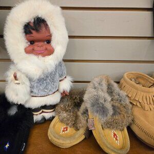 Eskimo Doll in Fur parka and childs size or very small ladies moccasins
